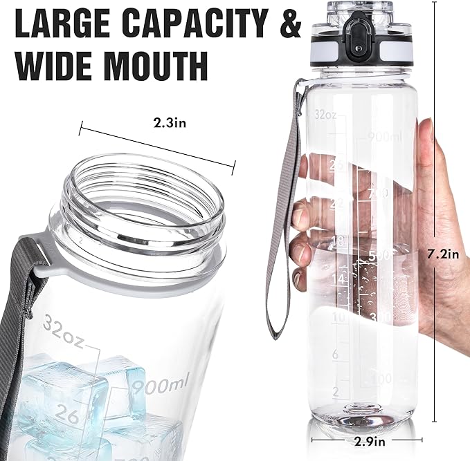 OLDLEY Water Bottle, 32oz Motivational Sports Water Bottle with Time Marker - Times to Drink - Tritan, BPA Free, Wide Mouth Leakproof,CapacityClear