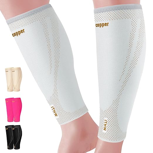 Copper Calf Compression Sleeves for Men Women, Shin Splint Relief, Grip | High Stretch Graduated Compression with Anti-Slip Grip | Breathable & Smooth Lining Footless Design for Runner, Light Gray