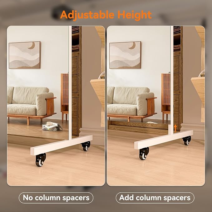 Hasipu 71" x 36" Full Length Floor Mirror on Wheels, White | Tempered glass, sturdy metal frame, smooth rolling casters, removable stand, ideal for gym, bedroom, dance studio & yoga.