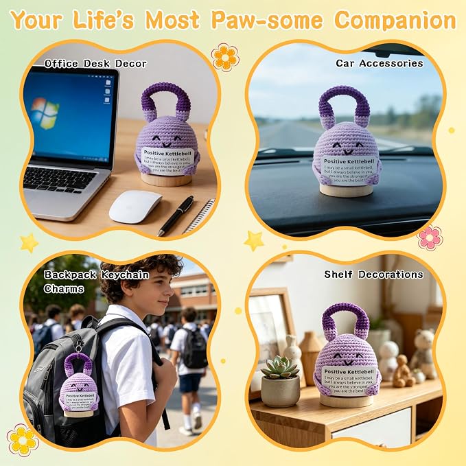 Crochet Knitted Kettlebell, 3.54 Inch Positive Kettlebell with Encouraging Card, Unique Fitness Themed Gift for Home Office Room Desktop Decoration