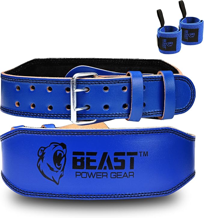 Weight Lifting Belt - 4” Genuine Leather Belts Padded Lower Back Support for Gym Bodybuilding Squat Deadlift Weightlifting Cross Strength Training Men Women Free Wrist Wrap