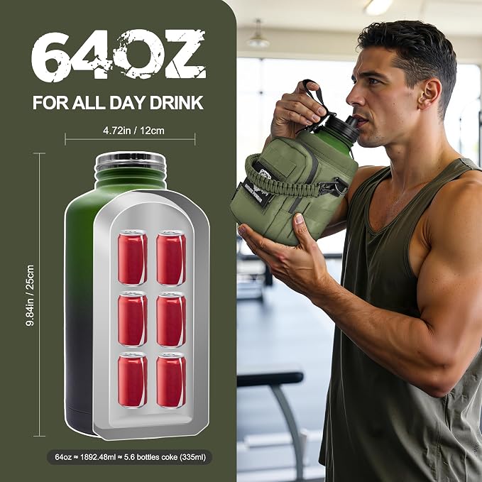 NATURE PIONEOR 64 oz Tactical Water Bottle with MOLLE Bottle Pouch & 3 Lids | 18/8 Food-grade Stainless Steel, Double Vacuum Insulation, 3 Leak-proof Lids, Handle, Strap, Camping, Hiking, Gym, Work