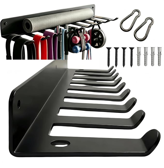 9 Hook Wall Mount Gym Storage Rack, Heavy-Duty Fitness Equipment Organizer | Thickened 3mm Steel Construction with Wide-Spaced Hooks Helps Prevent Crowding and Keeps Gear Easy to Access
