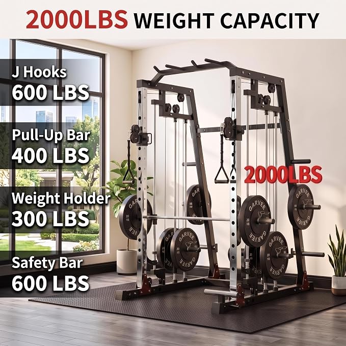 Smith Machine Home Gym – 2200LBS Multi-Function Squat Rack with Smith Bar | Power Cage,LAT Pulldown,Cable Crossover System,Dual Pulley Station,360° Landmine, Heavy Duty Full Body Workout Equipment