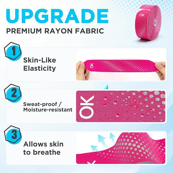 OK TAPE Kinesiology Tape Synthetic Precut 100 Strips 2inch x 27.8yd 1 Roll | Waterproof Kinesiology Athletic Tape for Joint & Muscle, Wrist Support, Reflective and Durable Tape Pink