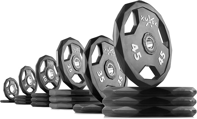 XMARK Black Diamond Olympic Weight Plates 2-Inch, Rubber Barbell Plates with Tri-Grip Handles for Home Gym Strength Training