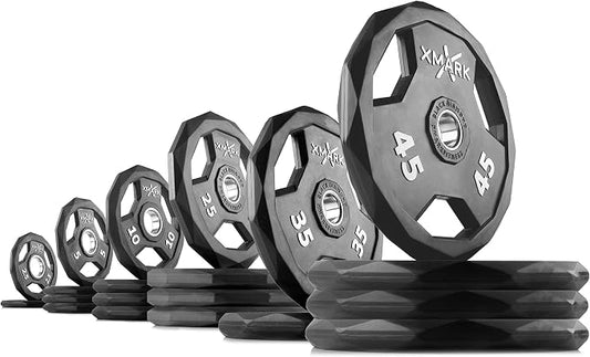 XMARK Black Diamond Olympic Weight Plates 2-Inch, Rubber Barbell Plates with Tri-Grip Handles for Home Gym Strength Training