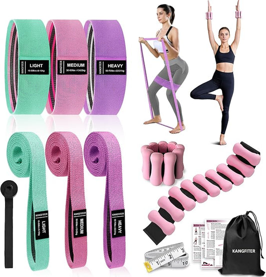 KANGFITER Long and Short 6 Fabric Resistance Bands Set with Door Anchor | Non-Slip Stretch Booty Bands for Working Out Women & Men, Loop Exercise Elastic Bands for Home Physical Therapy Yoga Pilates