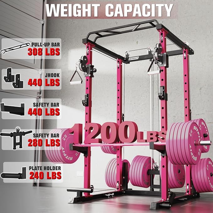 RitFit Power Cage Home Gym Package with Cable Crossover System | 1200LBS Power Rack, Weight Bench, Olympic Barbell & 230LBS Bumper Plates — All-in-One Home Gym