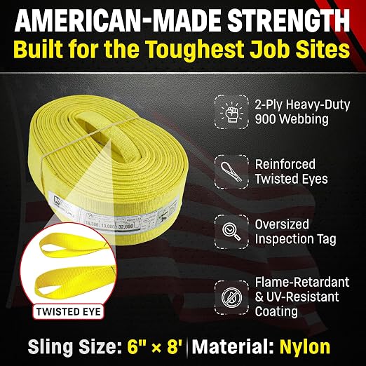 DD Sling 6 Inch x 8 Foot Nylon Lifting Sling – USA Made, 16,300 lb Vertical, 13,000 lb Choker, 32,600 lb Basket – 2-Ply Heavy Duty 900 Webbing, Type 4 Twisted Eye & Eye Rigging Sling