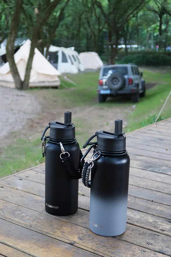 KXIAOCHEN Insulated Water Bottle with Strap, 48-Hour Cold, 2 Lids | Triple-wall insulation, lead-free 18/8 Stainless steel, paracord handle, carabiner clip, for gym, hiking, camping and travel