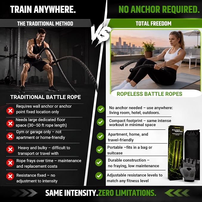 Weighted Ropeless Battle Ropes 2 Pack – 2026 Edition | Cordless Portable No Anchor Battle Rope for Home Gym & Apartment | HIIT Strength & Cardio | Non-Slip Handle | Gloves & Exercise Poster
