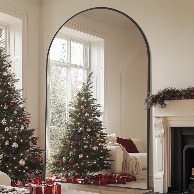 MirrMuse Oversized Arched Full Length Mirror with Stand, 76"X44", Black | Tempered Glass, Free Standing, for Bedroom Living Room Clothing Store Gym, Aluminum Alloy Frame, Hanging or Leaning