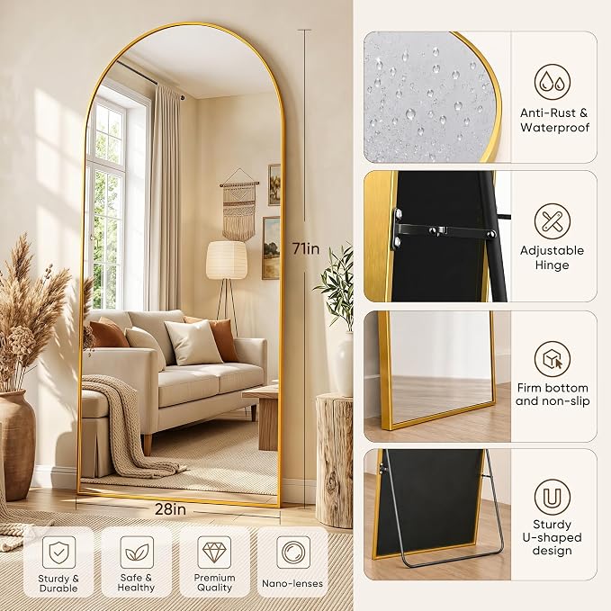 Full Length Mirror, 71"x28" Arched Floor Mirror Freestanding, Floor Standing Full Body Mirror with Stand for Bedroom, Hanging Mounted for Living Room Cloakroom