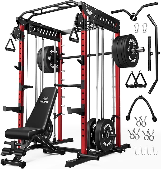 JELENS M21 Smith Machine, Multi-Function Power Cage with Dual Pulley Cable Crossover System, 2000LBS All-in-One Squat Rack with Smith Bar and Attachments for Home Gym