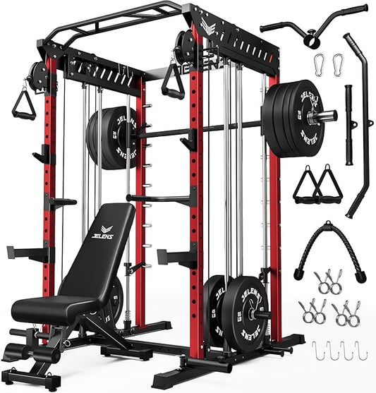 JELENS M21 Smith Machine, Multi-Function Power Cage with Dual Pulley Cable Crossover System, 2000LBS All-in-One Squat Rack with Smith Bar and Attachments for Home Gym