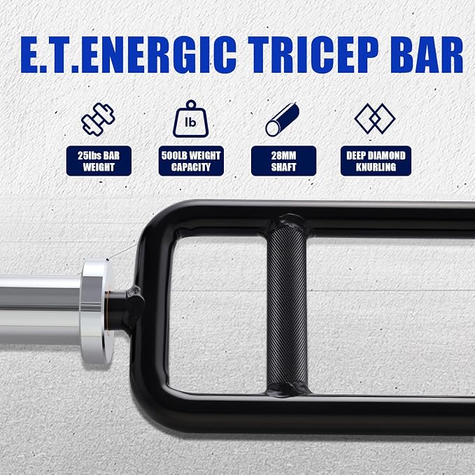 34” Hard Chrome Olympic Triceps Bar, 500LB | Neutral grip weight bar with knurled handles, rotating sleeves, 6.88-inch loadable length, and 2-inch plate fit