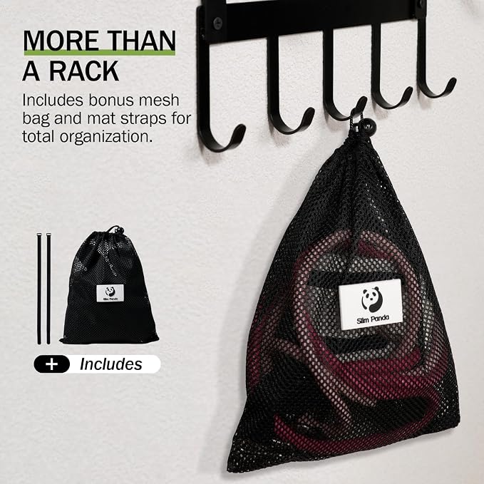 Yoga Mat Holder Wall Mount with Mesh Bag | 4-Tier Metal Storage Rack, Floating Shelf & 5 Hooks, Large Home Gym Organizer