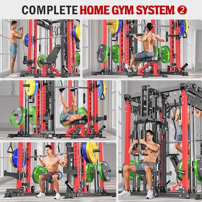 Smith Machine with Cable Crossover System, Multi-Function Power Cage Squat Rack for Home Gym, Power Rack and Packages Weight Sets.