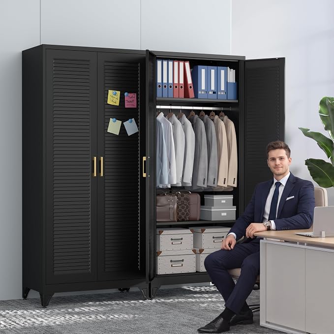 Polup 71" Tall Metal Armoire Wardrobe Closet with 2 Doors | Heavy Duty Steel Clothing Storage Cabinet with Hanging Rod & Adjustable Shelves, Locker Organizer for Bedroom, Office, Black
