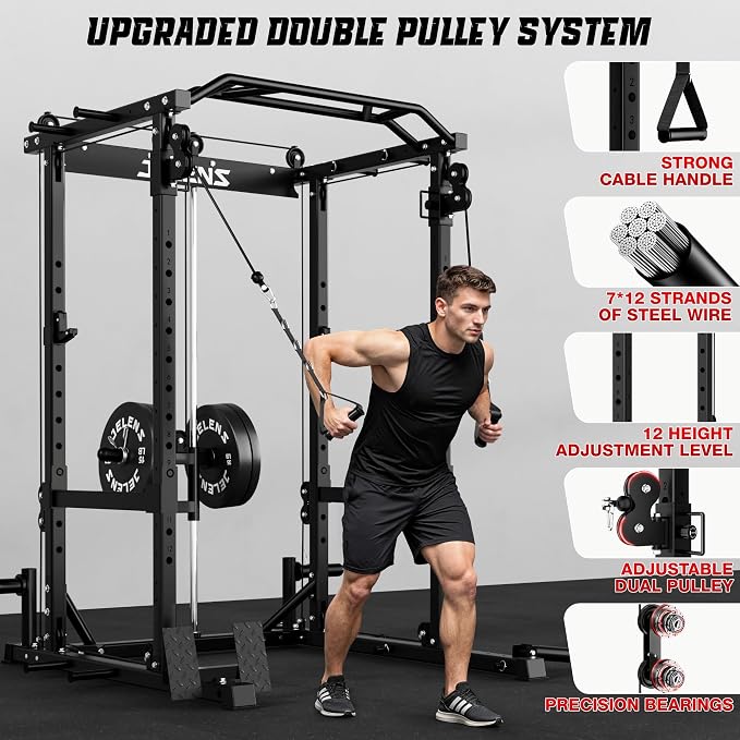 JELENS C12 Power Rack, 2000LBS Squat Rack with Cable Crossover System, Workout Cage with More Training Attachments for Home Gym