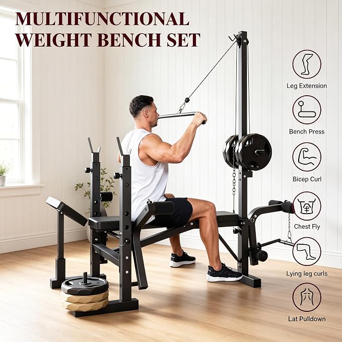 Weight Bench with Leg Extension & Preacher Curl, 8-in-1 Adjustable Bench | Bench Press Set with Squat Rack, 1000LB Capacity Foldable Workout Bench for Home Gym, Full Body Strength Training Equipment