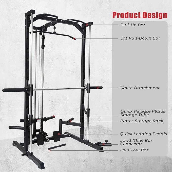 RitFit Smith Machine Power Rack with LAT-Pull Down System | Half Smith Machine with Landmine, Barbell Bar, Plate Storage Pegs and More Training Attachment