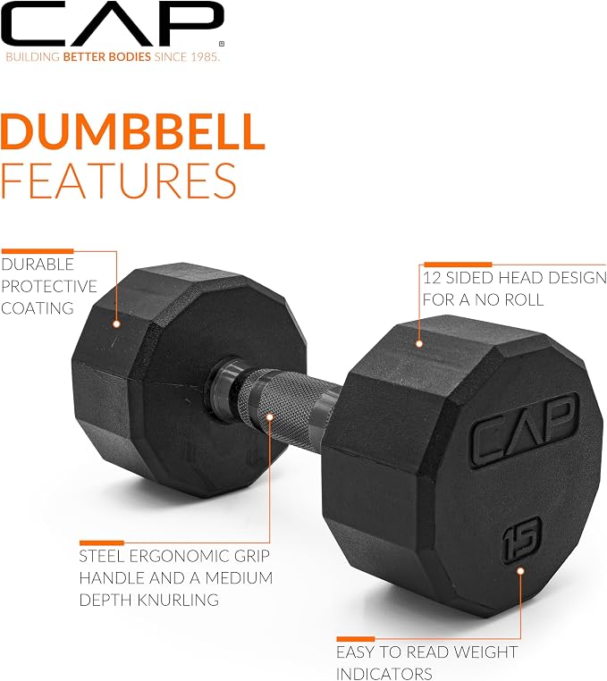 CAP Rubber Coated Dumbbell Weights, Free Weights for Home Gym Strength Training, Anti-Roll Hex Dumbbells with Black, Chrome & Comfort Grip Handles, Pairs & Sets