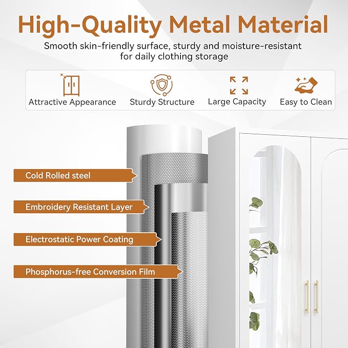 Polup Metal Armoire Wardrobe Closet with Mirror, Clothing Storage Cabinet | 71" Heavy Duty Steel Wardrobe Cabinet with Hanging Rod & Adjustable Shelves for Bedroom, Office, Clothes Organizer, White