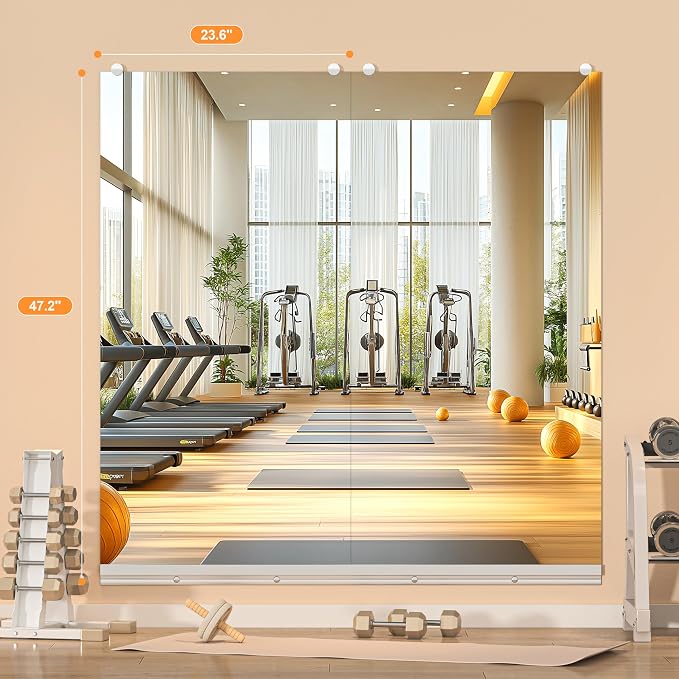 Hasipu Home Gym Mirror, 48"x24" Each, 2-Pack Frameless Wall Mounted Mirrors with Glass Clamps & 1 Aluminum Rail, Large Body Mirror for Home Gym, Yoga Studio, Bedroom, Silver Tempered Glass