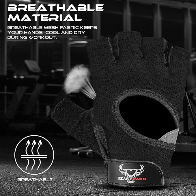 BEAST RAGE Fingerless Weight Lifting Gloves with Palm Protection Padding, Breathable Lightweight Gym Gloves for Men, Women, Weightlifting, Cycling, Exercise, Training Pull Up
