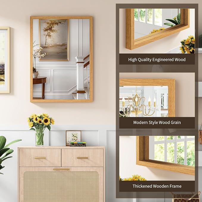 Syndra Natural Wood Frame Bathroom Mirror, 22x30'' Modern Vanity Mirror for Wall, Waterproof Slim Deep Frame, Rectangular HD Tempered Glass Mirror for Living Room, Bedroom, Entryway, Rustic, Farmhouse