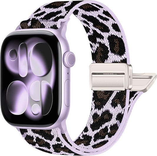 Leopard Braided Magnetic Nylon Watch Bands Compatible with Apple Watch Bands 40mm 41mm 42mm 44mm 45mm 46mm 49mm 38mm Women Men, Elastic Sport Strap for iWatch Series 11 10 9 8 7 6 5 4 SE Ultra 3 2 1