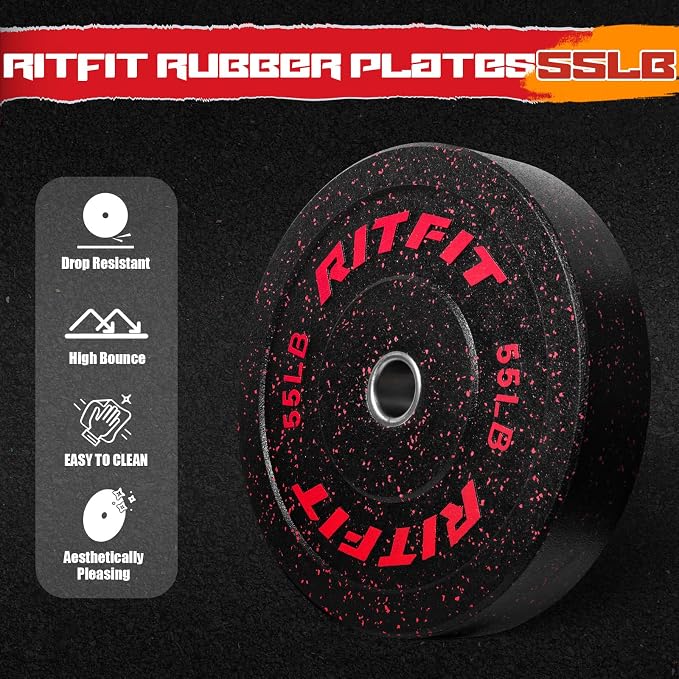 RitFit Bumper Plates, Colored Fleck-Rubber Weight Plates with Steel Insert, 2-inch Olympic Weight Plates for Weight Lifting and Strength Training