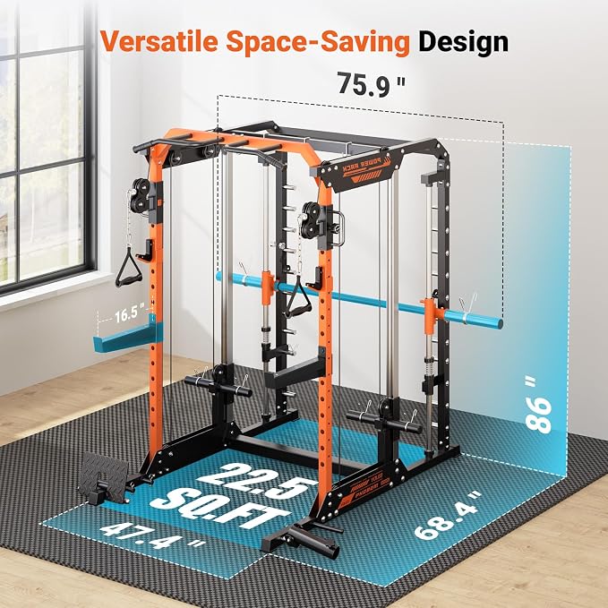 YOLEO Smith Machine & Squat Rack Combo, Multi-Functional Power Racks with Adjustable Width & Pull-Up Bar, Cable Crossover Power Cage, Independent Dual-Pulley System for Home Gym Garage Basement