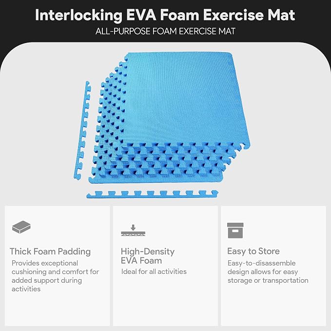 BalanceFrom Puzzle Exercise Mat 1/2" Thick, EVA Interlocking Foam Floor Tiles for Home Gym, Mat for Home Workout Equipment, Floor Padding for Kids, Blue, 24 in x 24 in x 1/2 in, 24 Sq Ft - 6 Tiles | Tiles for Home Gym, Mat for Home Workout Equipment, F...
