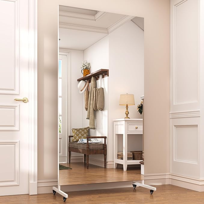 Hasipu 71" x 28" Large Full Length Rolling Mirror with Wheels, White | Tempered glass, sturdy metal frame, smooth rolling casters, removable stand, ideal for gym, bedroom, dance studio & yoga.