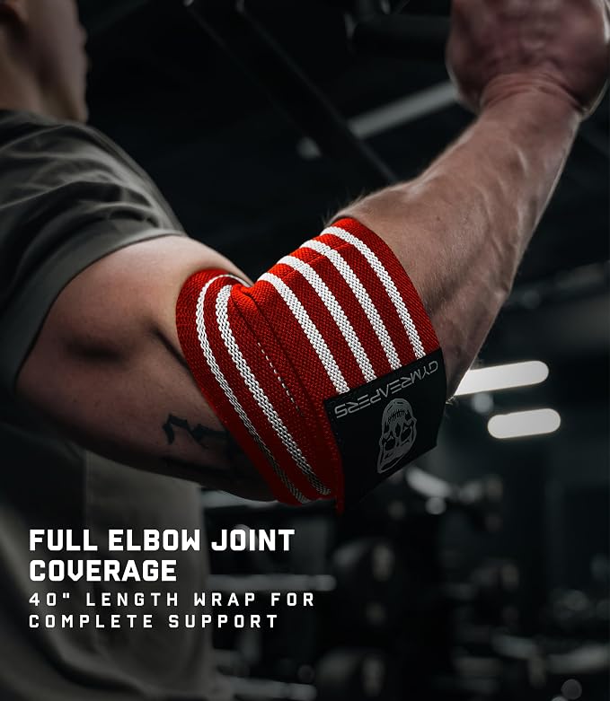Gymreapers Weightlifting Elbow Wraps (1 Pair) - Flexible 40'' Elbow Compression Strap & Joint Support Brace - for Bench Press, Powerlifting, and Pressing