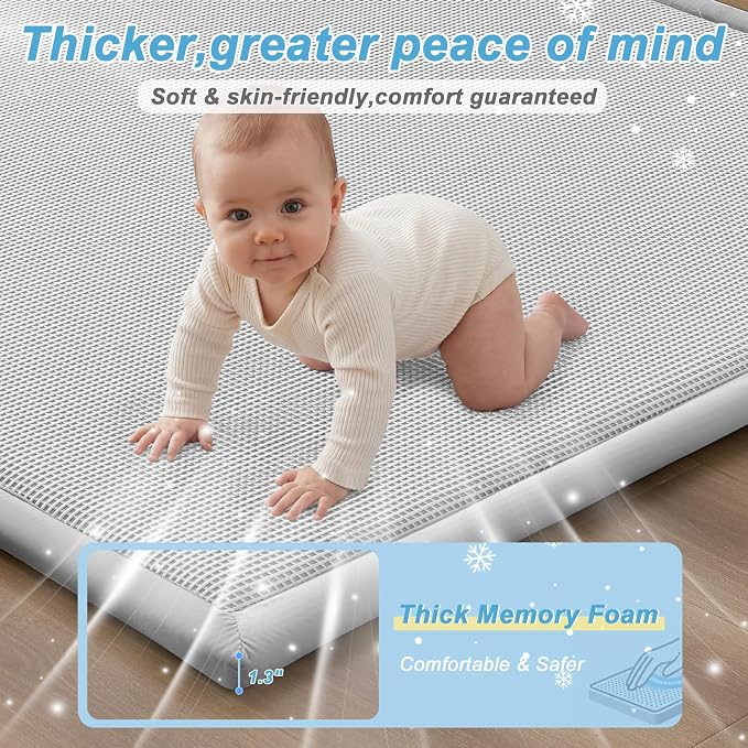 Baby Play Mat for Floor Nursery Rug Muscle Area Rug Playroom Rug 50x50" Elastic Foam 1.3" Thick Crawling Mat for Babies,Toddlers, Infants,Kids(Plaid Light Grey)