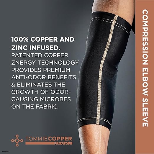 Tommie Copper Elbow Compression Sleeve, 15-20 mmHg (S/M, Black) | 15-20 mmHg | 4D Stretch | Copper Znergy | Non-Slip Fit