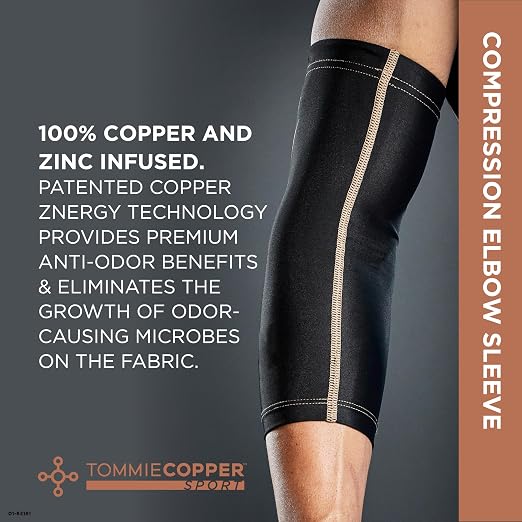 Tommie Copper Elbow Compression Sleeve, 15-20 mmHg (L/XL, Black) | 15-20 mmHg | 4D Stretch | Copper Znergy | Non-Slip Fit