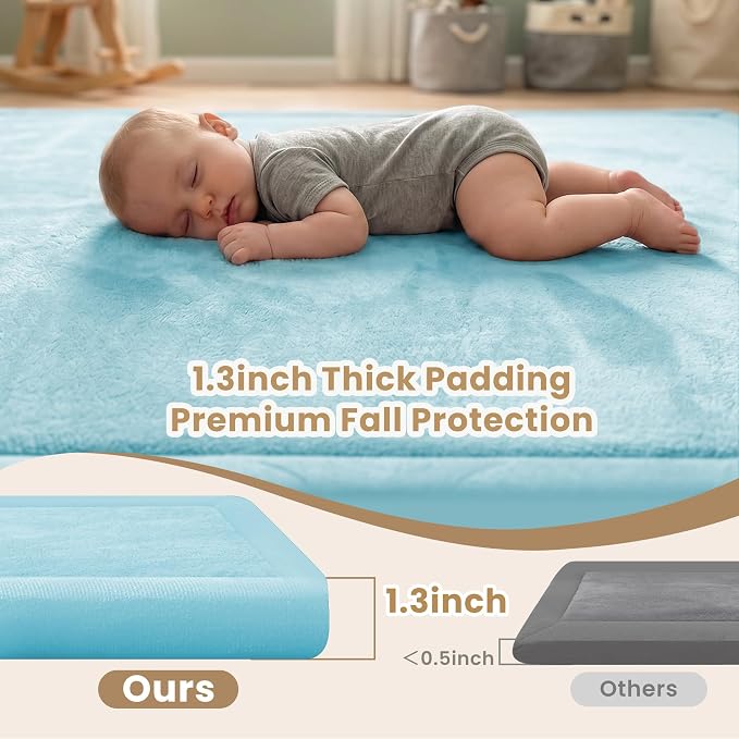 ACOMOPACK Baby Play Mat for Floor 1.3" Thick Memory Foam Play Mats 71"×79" Tummy Time Crawling with Non-slip Bottom for Living Room,Nursery,Soft Velvet Playpen for Kids,Infants（Light Blue）