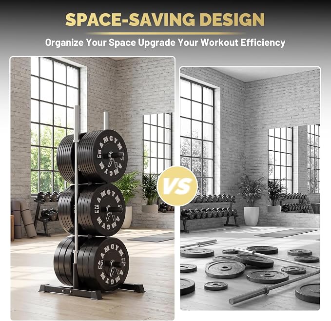 1100lb Capacity Weight Plate Tree Rack with Barbell Holder for Home Gym | AMGYM Strength Training Plate Storage Stand and Barbell Holders, 1100 lb Weight Capacity, Fits Both 1" and 2" Bumper Plates