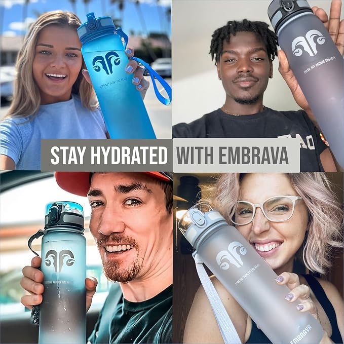 Embrava Sports Water Bottle 32oz - Fast Flow Flip Top Lid - BPA & BPS Free Leakproof Reusable - Lightweight Non-Toxic Tritan Plastic 1 Liter - Gym Hiking Office School Travel