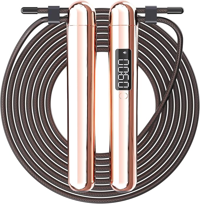ACHDOFITS Jump Rope with Smart Counter for Adults | Tangle-free Steel Core, 170g. Fits 5'-6'5". 4 Modes: Beginner-HIIT. Rechargeable. For Women & Men. Tracks Calories & Jumps.