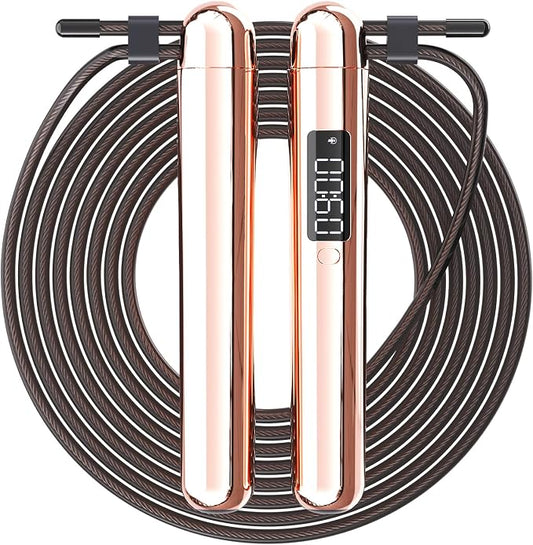 ACHDOFITS Jump Rope with Smart Counter for Adults | Tangle-free Steel Core, 170g. Fits 5'-6'5". 4 Modes: Beginner-HIIT. Rechargeable. For Women & Men. Tracks Calories & Jumps.
