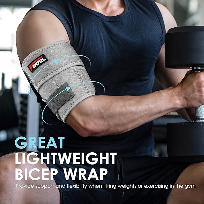 FEATOL Bicep Tendonitis Brace Compression Sleeve Support, Upper Arm Brace Tricep Bicep Support Bands for Men and Women, Arm Wrap Pain Relief for Muscle Strains and Inflammation(Gray, Large)