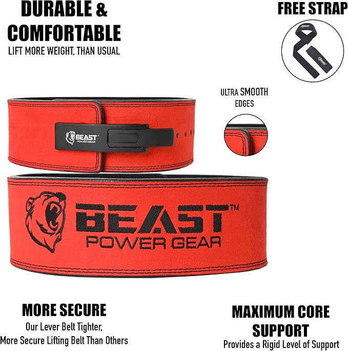 Beast Power Gear Weight Lifting Belt Lever Buckle 10MM 13MM Thick & 4 Inches Free Strap Weightlifting, Powerlifting, Deadlifts, Squats Men Women