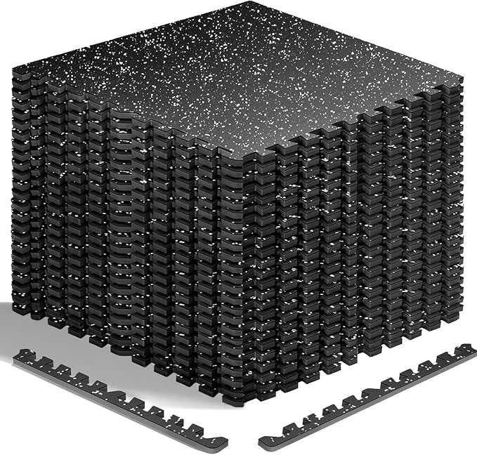 HAPBEAR 0.56'' Thick 12 Pcs 48 Sq Ft Exercise Equipment Mats - High-Density Rubber Top EVA Foam Interlocking Mats, 24x24in Tiles, Heavy-Duty Treadmill Mat for Hardwood Floors, Home Gym Mat