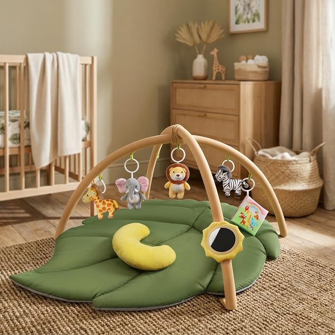 Baby Play Mat, 51.2 x 35.4 in Large Leaf Baby Play Gym for Infants, 1.5 in Thick Tummy Time Mat with 7 Detachable Sensory Toys, Mirror, Crinkle Book & Pillow, Newborn Baby Shower Gift